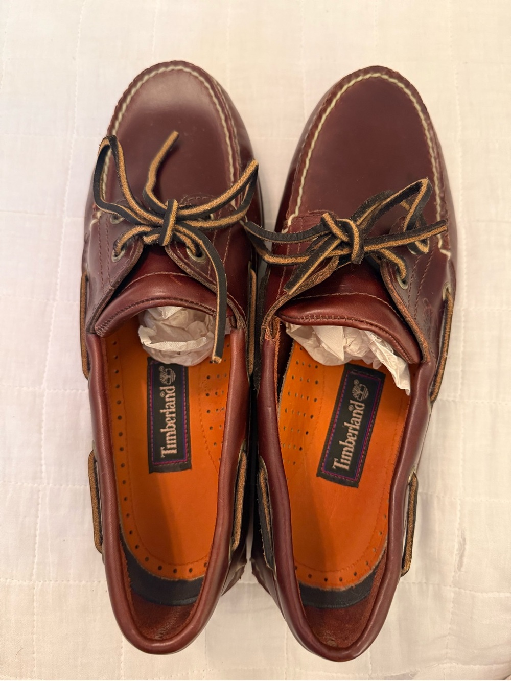 Timberland Men's Chestnut Leather Boat Shoes with Orange Insoles